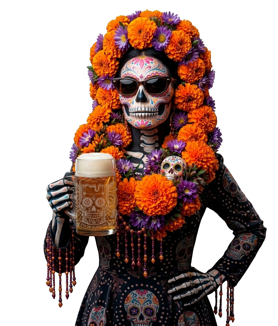 Catrina con su tarro de cerveza
